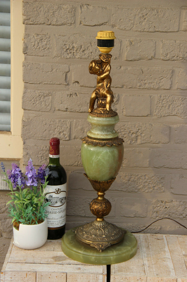 Huge French angel putti metal figurine onyx marble table lamp 1960