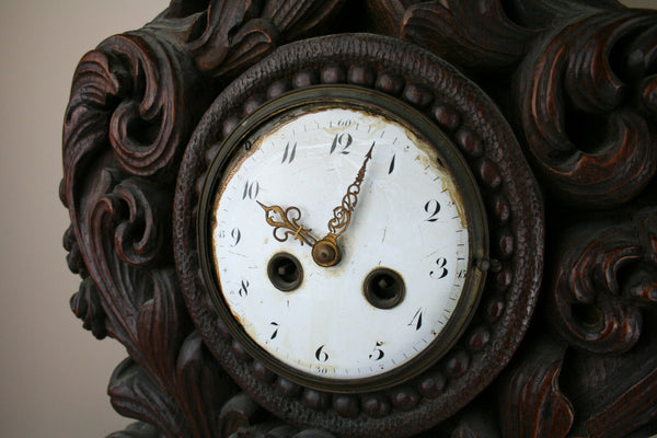 RARE! XXL Wood carved Black forest design Satyr putti 19thc French mantle clock