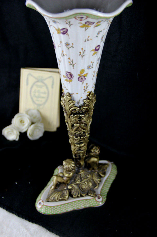 Large Vintage Faience ceramic with putti figurines base marked CT eagle