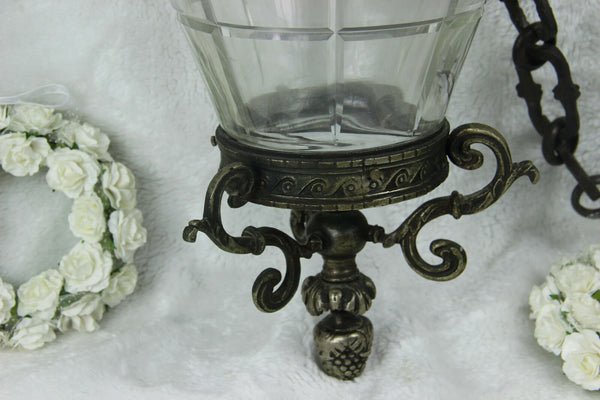 Antique Belgian Bronze Val saint lambert crystal glass chandelier lantern ram
