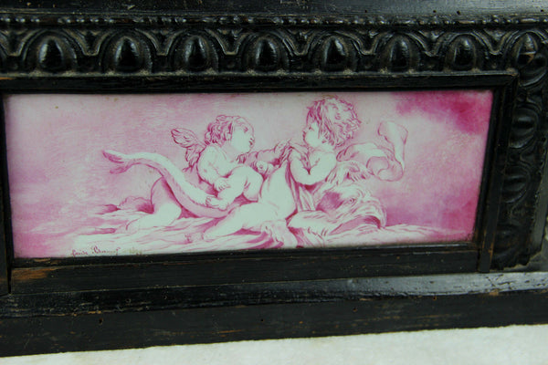 Antique 1879 Wood carved faience hand paint putti romantic cupido Base signed