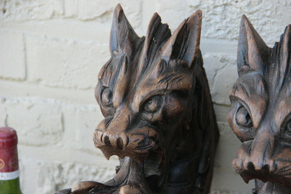 XXL Antique  PAIR oak wood carved hunting table dragon gothic legs figurines n1