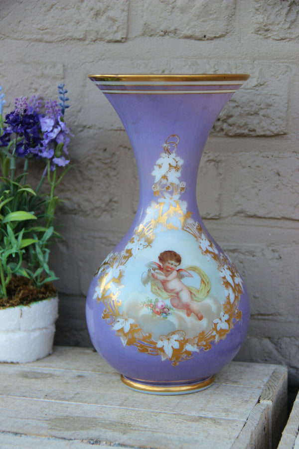 Antique french hand paint putti angel opaline purple glass vase rare 19thc