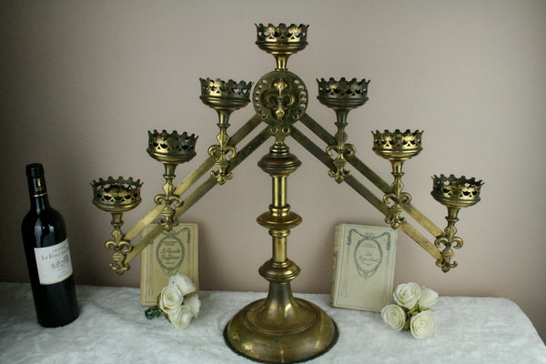 HUGE 7 arms neo gothic copper church altar candelabra religious fleur de lys