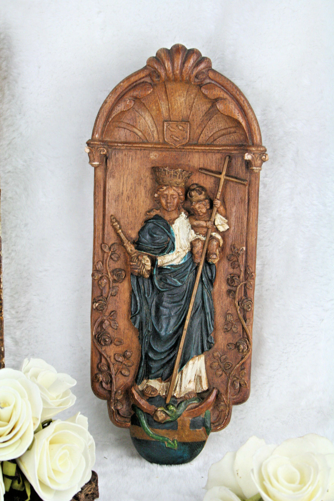Flemish Ceramic wall madonna polychrome snake marked religious