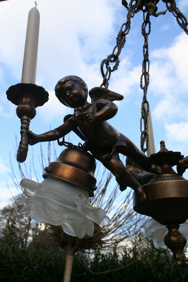 French 1950 spelter brass Angels putti cherubs chandelier candleholder 3 arms