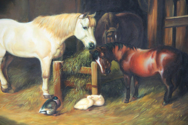 Vintage flemish oil panel painting horses duck farm scene equestrian