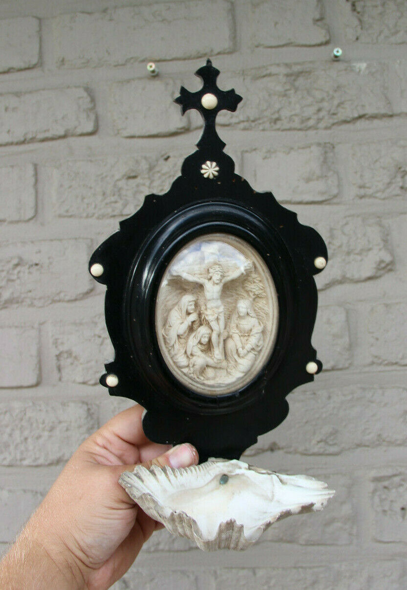 Antique French napoleon III meerschaum religious wood carved holy water font