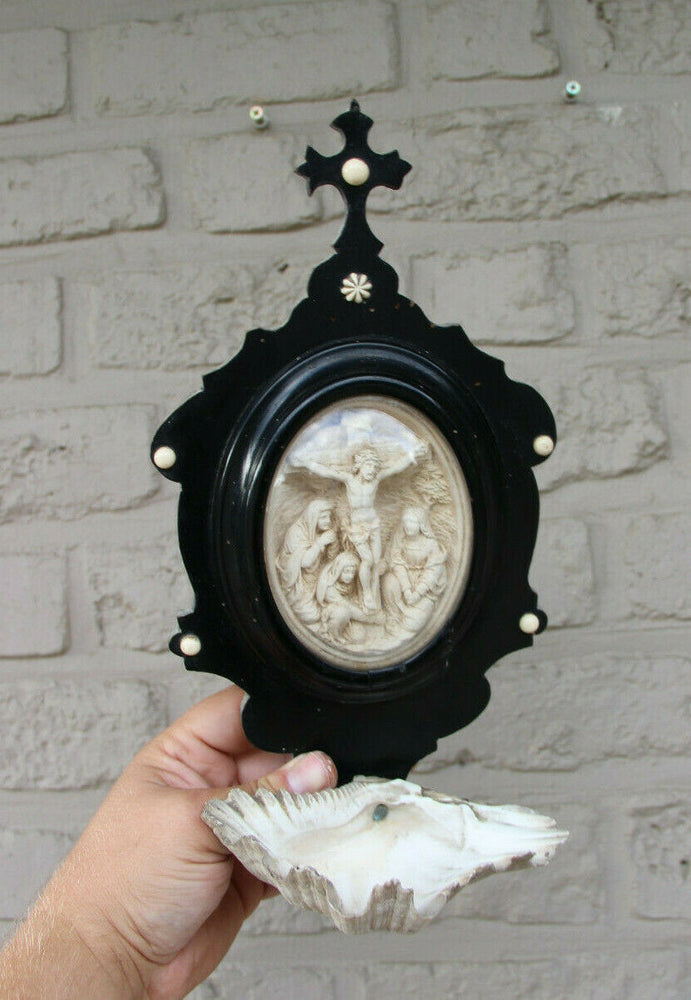Antique French napoleon III meerschaum religious wood carved holy water font