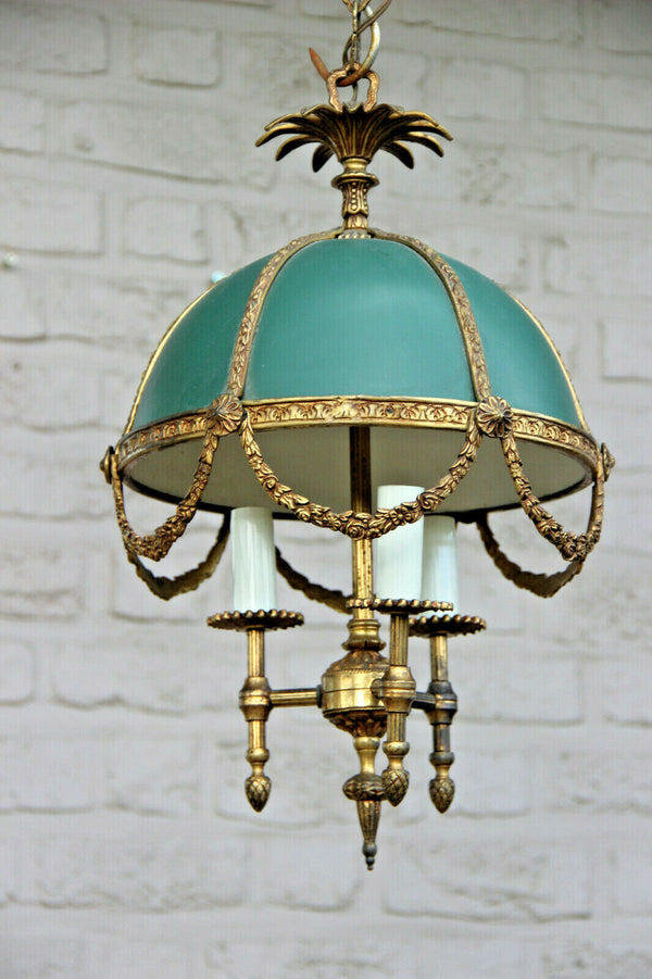 Vintage French bouillotte Empire design chandelier lamp pendant metal green 1970