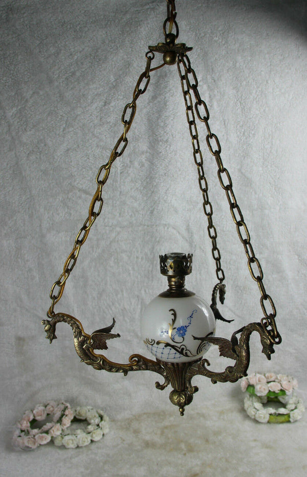 French vintage bronze Dragon gothic 3 arms chandelier opaline glass ball 1950