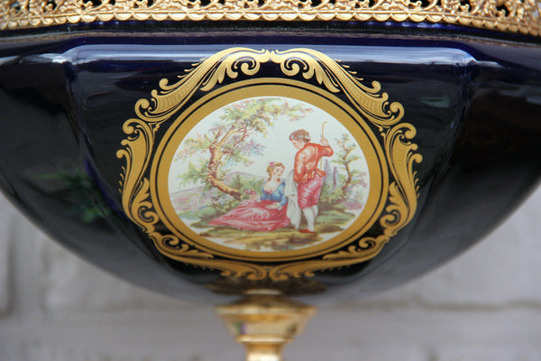 French Limoges cobalt porcelain centerpiece lidded bowl vase Victorian scene