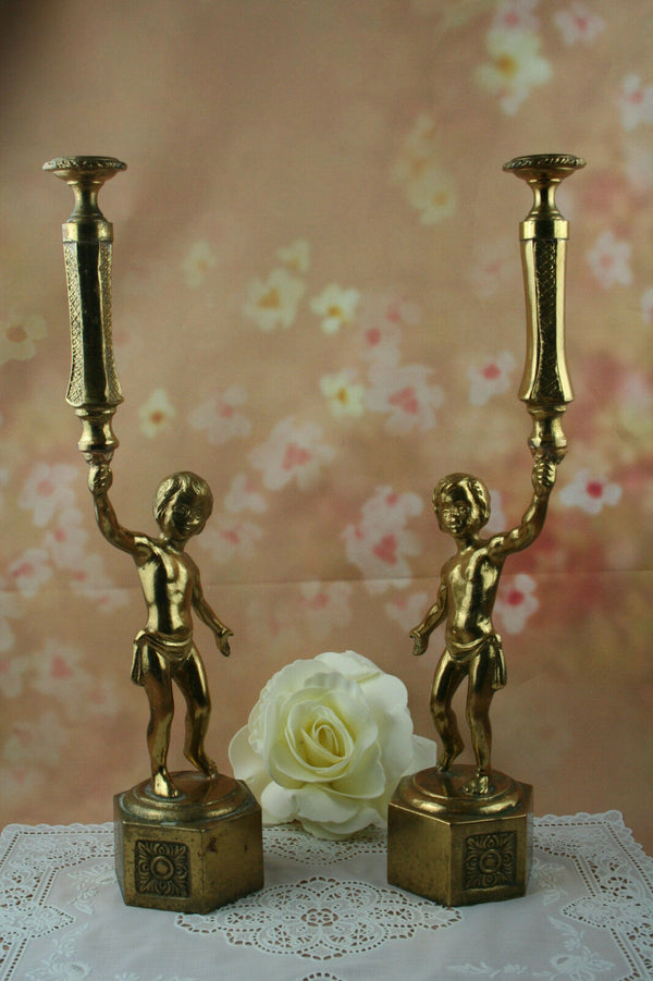 Pair Antique French brass angels Putti angel sidetable paws