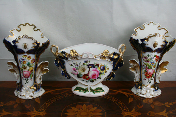 Antique SET VIEUX PARIS porcelain vases Set French Floral decor 1900