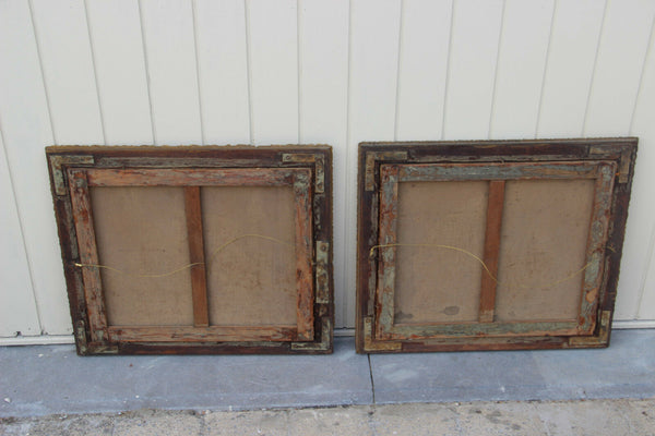 PAIR antique French 19thc Oil canvas Stil life hunting hunt rabbit bird