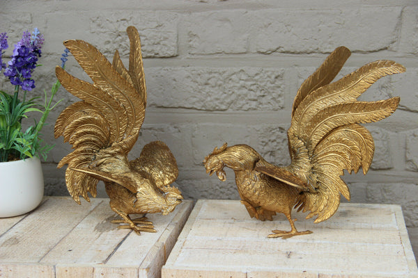 PAIR French metal gold gilt Fighting rooster figurines statues 1960