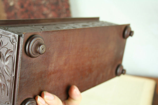 French Wood carved Box black forest With pair old gloves opera 1900