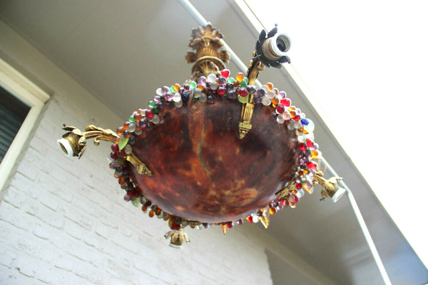 Antique French Chandelier alabaster Amber bowl murano glass grape floral rim