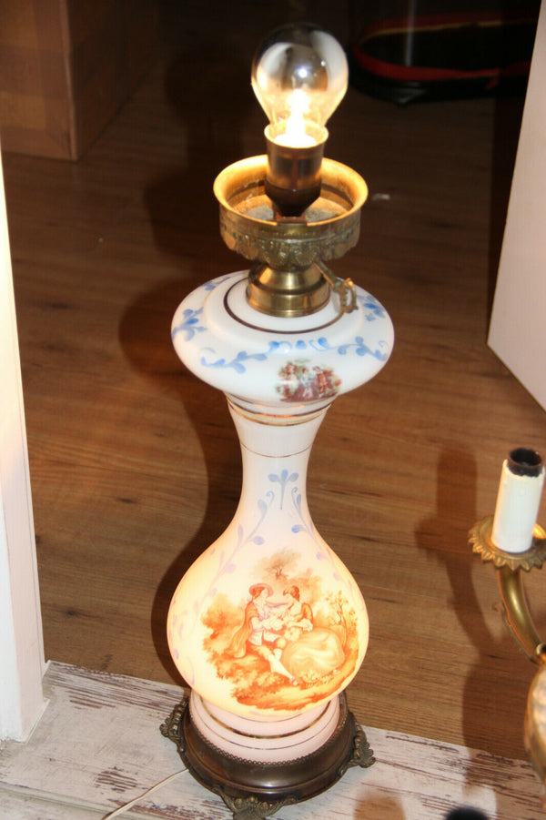 Stunning Vintage 1960 French opaline glass victorian scene table lamp rare