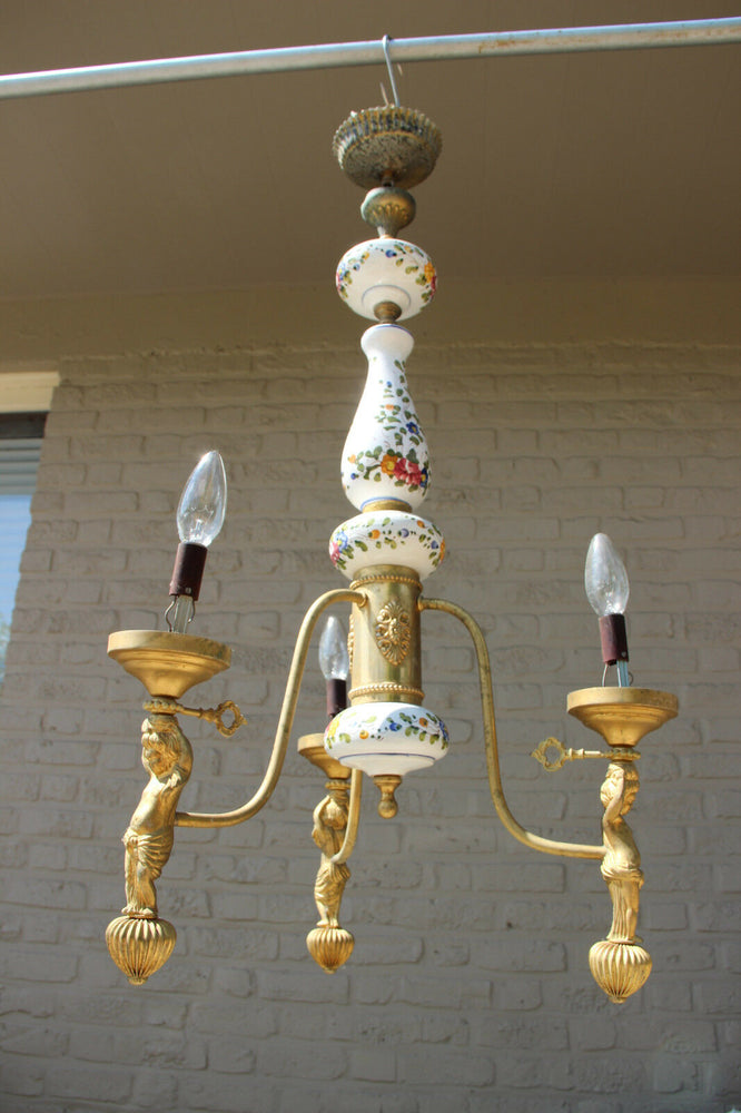 French Faience De lest Floral 3 arms metal putti figurines chandelier