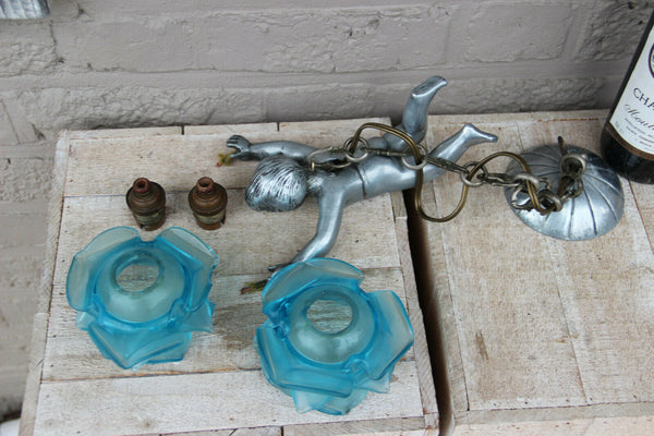 Antique Metal Silver patina Putti angel Chandelier pendant lamp blue glass shade