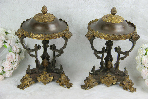 PAIR antique 19thc Bronze empire lion heads tripod cassolettes urns vases