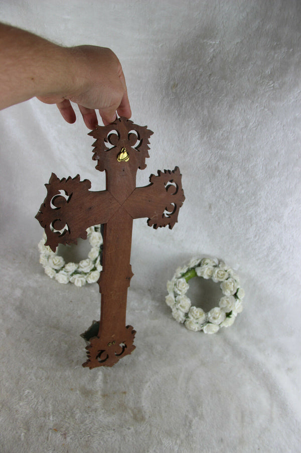 Antique French wood carved crucifix holy water font