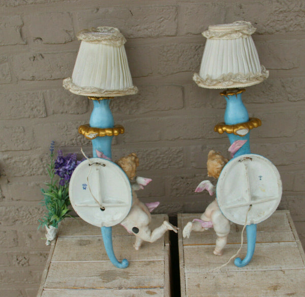 PAIR antique  capodimonte porcelain marked putti angel Sconces wall lights rare