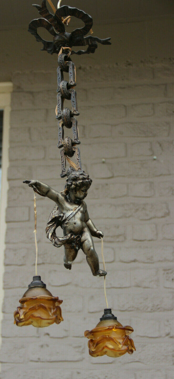Superb antique parisian bronze putti angel pendant lantern chandelier