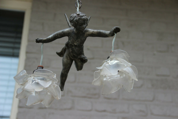 Superb antique parisian spelter bronze putti angel pendant lantern chandelier