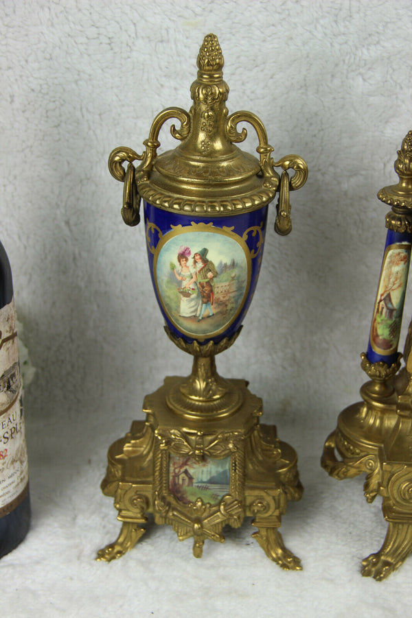 Gorgeous French Porcelain victorian scene Clock set candelabras urns FHS