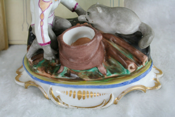 Unusual Paris Porcelain Inkstand inkwell monkey cat FRANCE 19th c petit