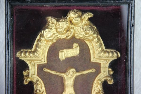 Antique french Napoleon III Crucifix holy font framed glass religious relic