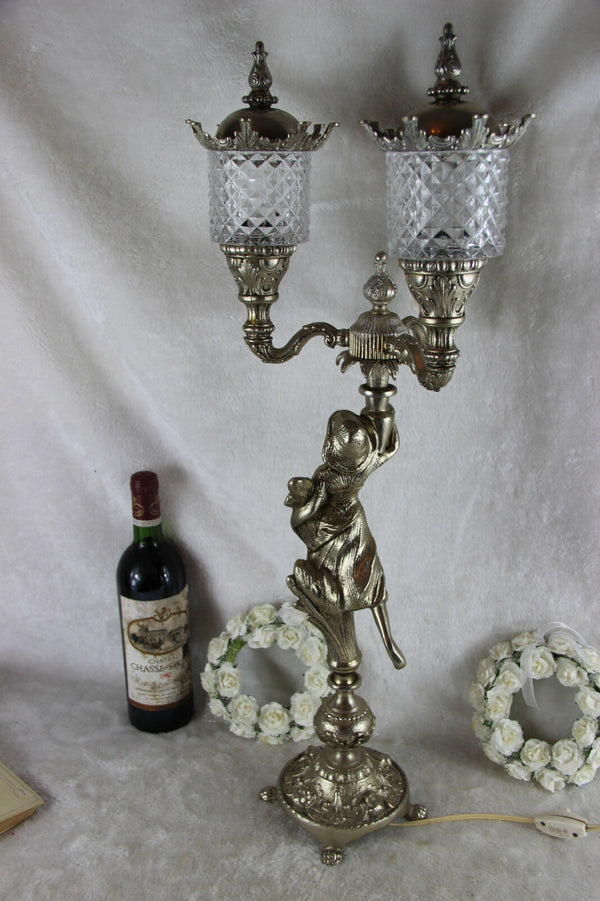 Huge Spelter bronze silver patina art nouveau lady table lamp 3 glass arm putti