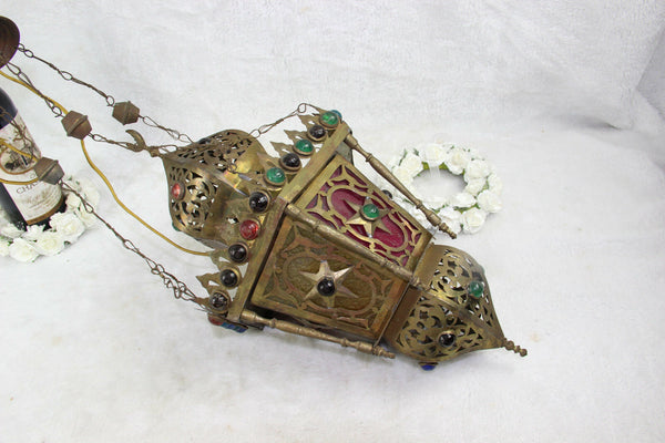 Antique Oriental Brass Multi colour glass lantern pendant lamp chandelier