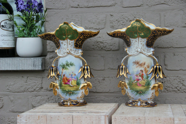 PAIR vieux paris porcelain Vases 19thc hand paint victorian decor