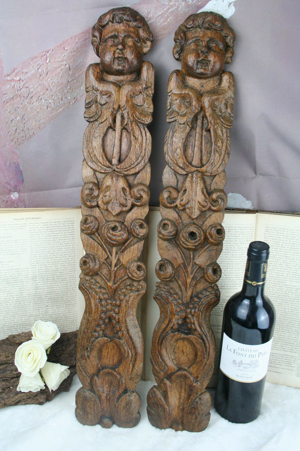 Antique 1880 PAIR German wood carved black forest panels plaques cabinet putti