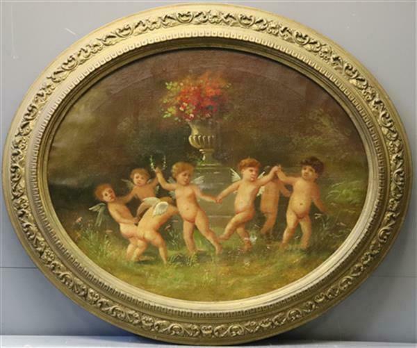 Antique French school oil canvas painting 19thc oval putti cherubs