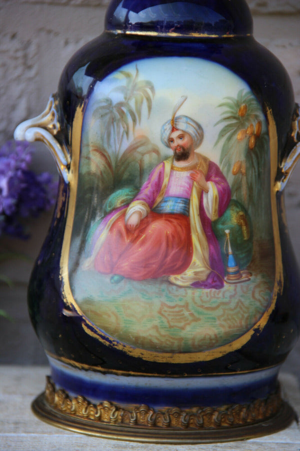 Antique French bayeux porcelain sultan portrait floral table lamp