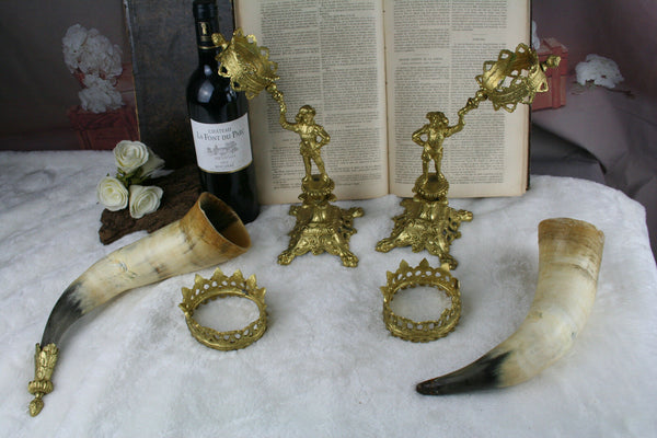 gorgeous french antique pair cornucopia horns figurines 1900 brass