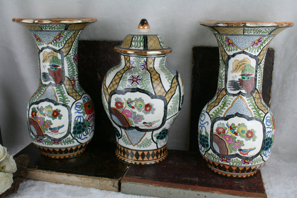 Set 3 pottery Petrus regout Vases Set birds floral decor marked Delft decor