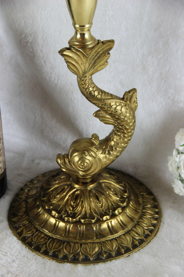 French vintage mid century brass dolphin empire fish ashtray stand green glass