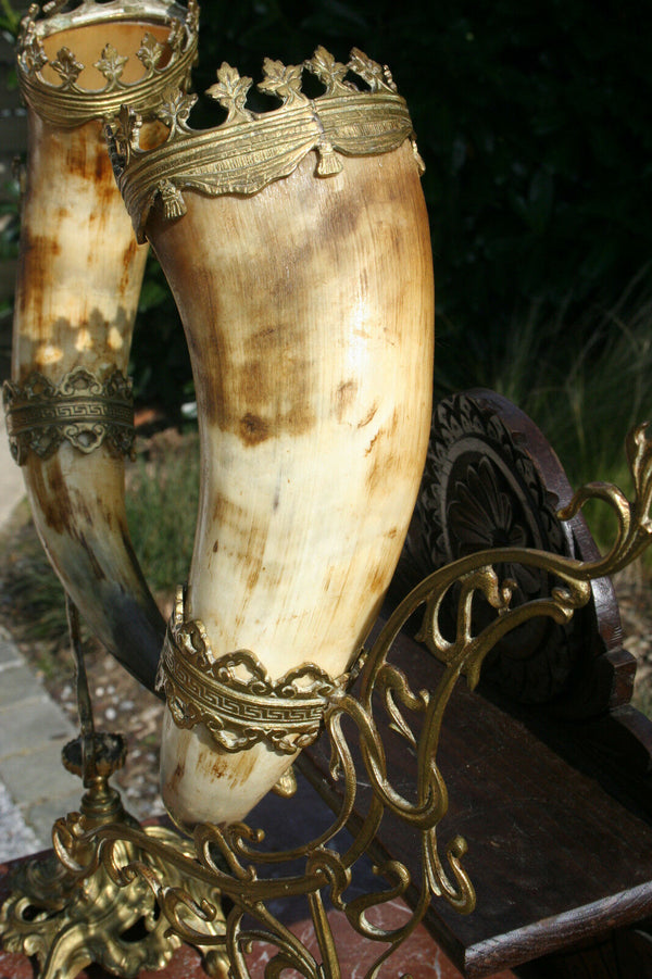 XL Exclusive PAIR Art nouveau 1900 austrian/german Brass Cornucopia horn hunting