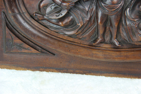 Antique french wood carved putti angels music figurines wall panel plaque