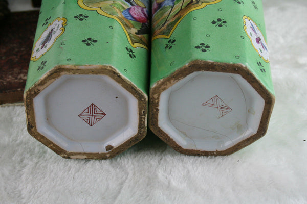 Stunning PAIR European Art Ceramic green bird Vases insects floral 1930