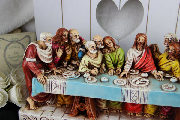 XL French Chalkware Polychrome LAST supper Jesus religious statue sculpture 1900