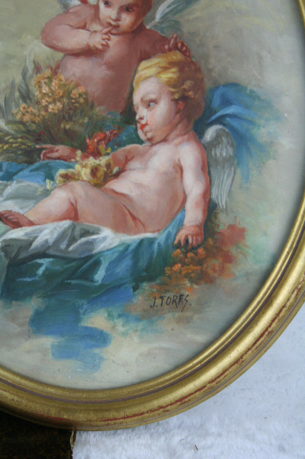 PAIR Flemish 1960 Oil panel Pendant painting signed putti cherubs romance
