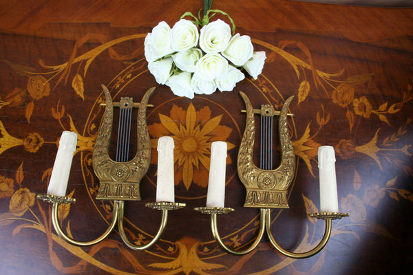 Exclusive RARE Pair of FRENCH Wall light sconces gold gilted HARP music