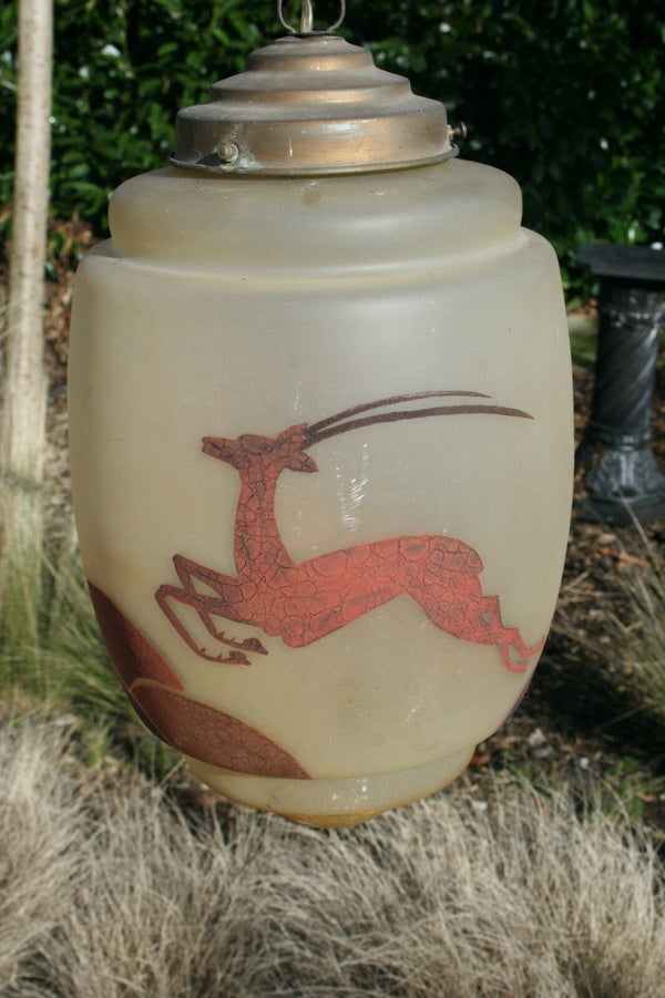 ART DECO Pendant chandelier antilope Deer enameled glass 1930 signed