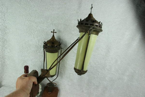 Antique French pair religious procession wall lights sconces glas wood metal